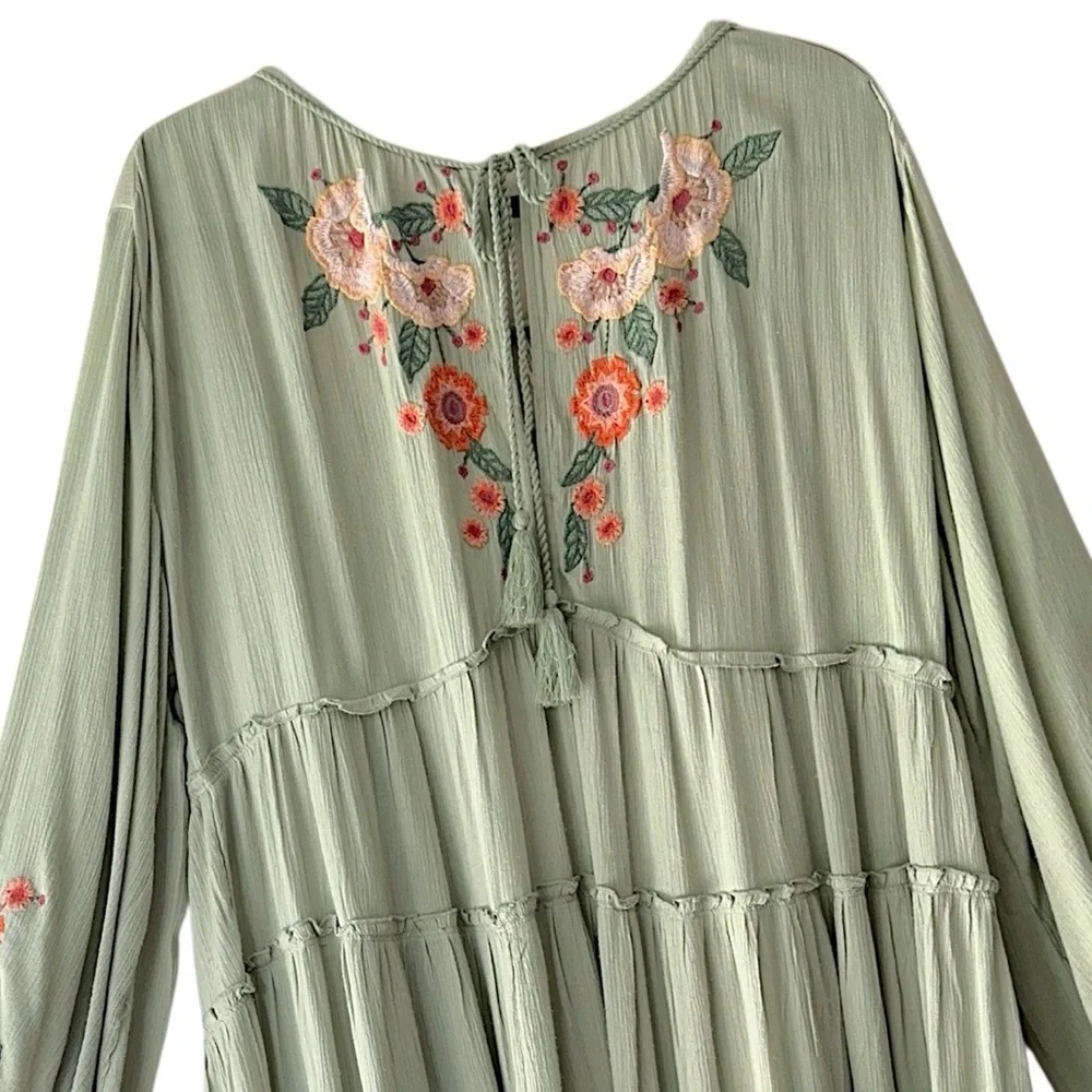 FREE PEOPLE SPELL ON YOU EMBROIDERED DRESS EARTH SAGE TASSEL TIES LINED | LARGE